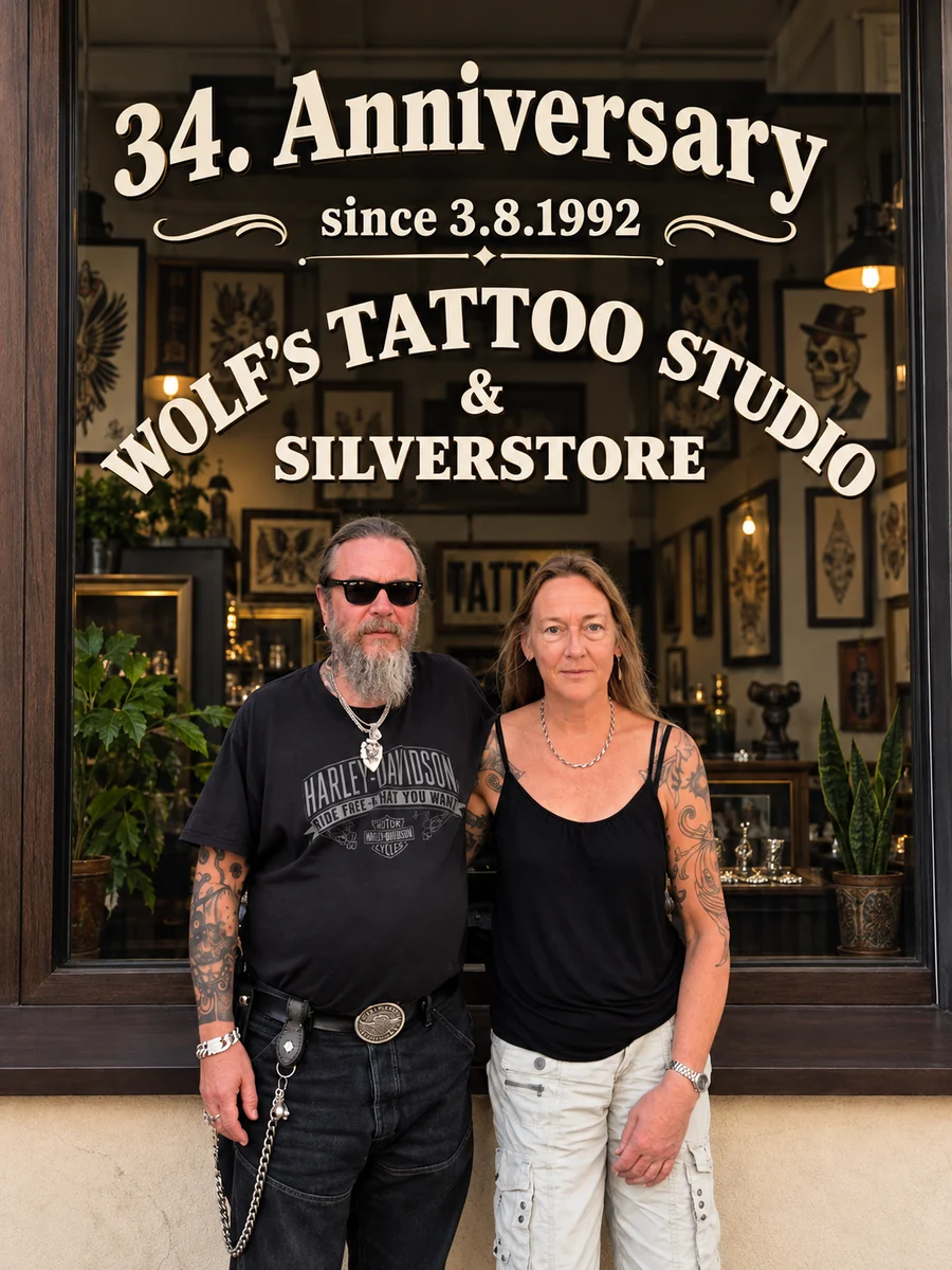 Wolf und Simone vor Wolfs Tattoo Studio in Rostock